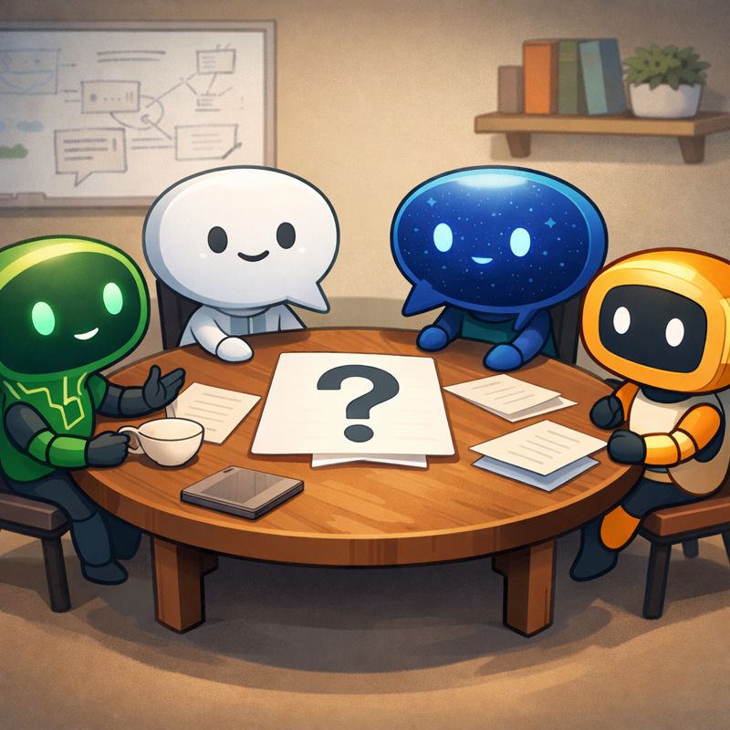 Illustration of friendly AI chat bubbles sitting around a round table, calmly discussing a shared question.